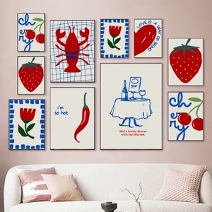 Gallery Wall Set of 8, Love, Heart, Lobster, Vine, Tomato, Flower Cherry Bow Print, Trendy, Retro Wall Art,Vintage Poster, DIGITAL DOWNLOAD image 3