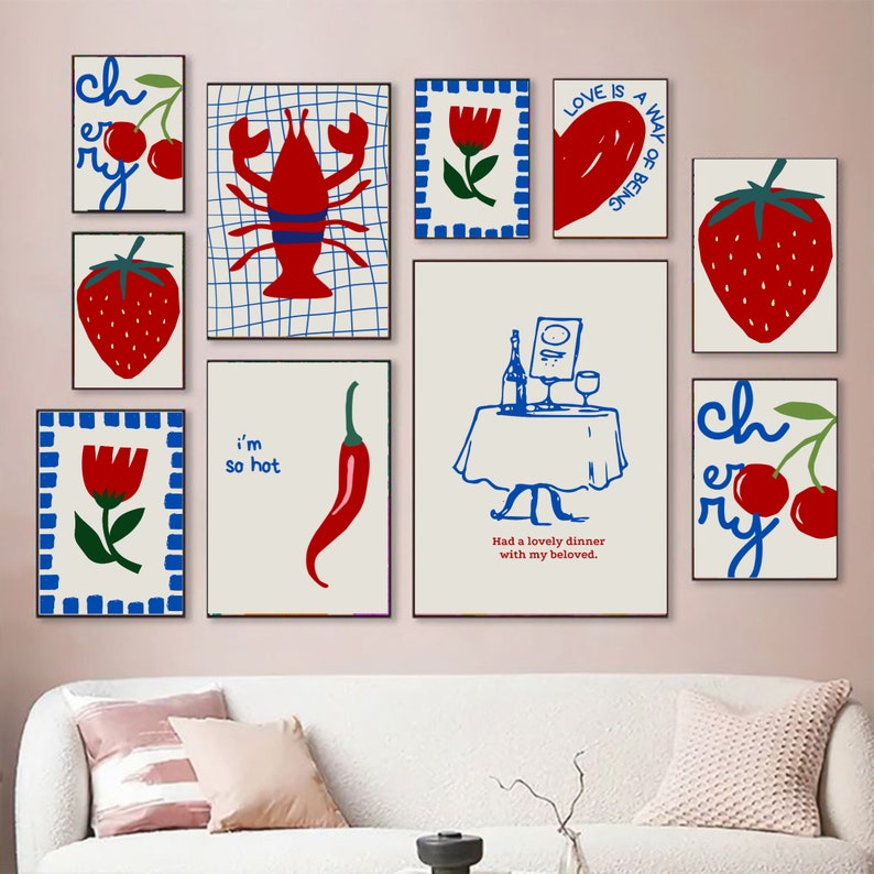 Gallery Wall Set of 8, Love, Heart, Lobster, Vine, Tomato, Flower Cherry Bow Print, Trendy, Retro Wall Art,Vintage Poster, DIGITAL DOWNLOAD image 3