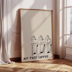 Coffee First, Sztuka ścienna w stylu retro, Sztuka do pobrania, Wydruk na wózku kawowym, Dekoracja dla miłośników kawy, Modny plakat retro, Sztuka ścienna w stylu maksymalistycznym