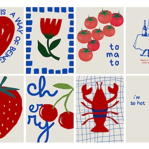 Gallery Wall Set of 8, Love, Heart, Lobster, Vine, Tomato, Flower Cherry Bow Print, Trendy, Retro Wall Art,Vintage Poster, DIGITAL DOWNLOAD image 2