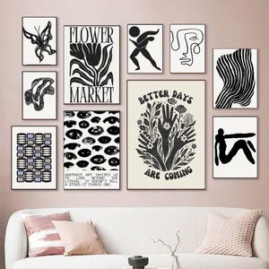May include: A collection of framed art prints in black and white, featuring abstract designs, botanical illustrations, and text. The prints include a butterfly, a flower, a figure, and the words "Better Days Are Coming."