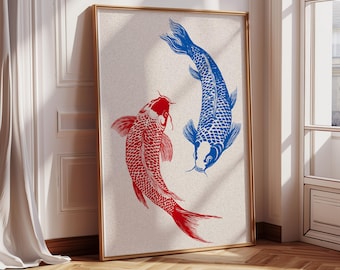 Impresión de pez koi rojo y azul, arte mural minimalista japonés (descarga digital)