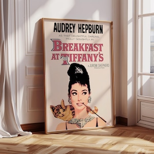 Stampa di Audrey Hepburn, Poster di Colazione da Tiffany, Arte murale in bianco, nero e rosa, Stampa vintage, Stampe fotografiche, Download digitale