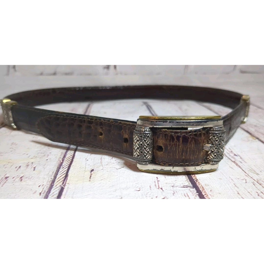 VTG Brighton Reversible Leather Belt Ornate Brown/Black Western, Boho, Gypsy  L Vtg Brighton Silvertone Concho Belt Leather Reversible Croc  main image 3