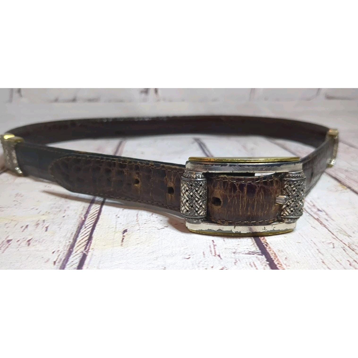 VTG Brighton 90s Brn/Blk Reversible Croc Embossed Leather Belt Silver Buckle L 90s BRIGHTON Reversible Croco Embossed Leather and Smooth  main image 2