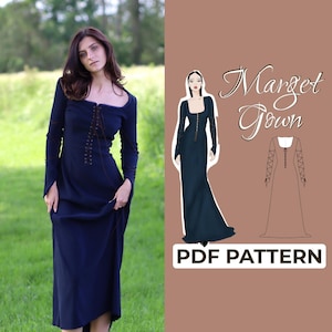 Patrón de costura de vestido medieval / Patrón de vestido de Ren Faire / Patrón + instrucciones detalladas con ilustraciones / XXS - XXXL / A0, A4 y carta de EE. UU.