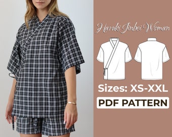 Modello di cucito per camicia Jinbei / Modello per kimono giapponese / Modello + istruzioni dettagliate con illustrazioni / XXS - XXL / A0, A4 e US-Letter