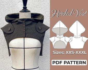 Hooded Half Vest Sewing Pattern,  LARP Rogue Pattern, Medieval Villain Costume, A0, A4, US-Letter Pattern + Detailed Instruction, XXS - 3XL