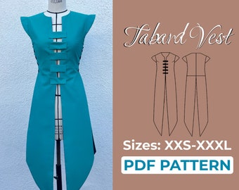 Patron de couture de tabard, surcoat médiéval féminin, XXS - XXL, modèle de tabard sans côtés, A0, A4 + motif lettre US + instructions détaillées