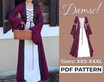 Medieval Dress Sewing Pattern, Long Bell Sleeve Maxi Dress, Damsel Fantasy Gown, A0, A4, Us-Letter Pattern + Easy Instruction, XXS - 3XL