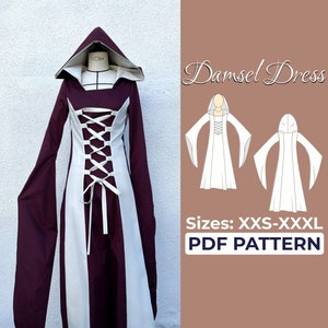 Hooded Medieval Dress Sewing Pattern, Long Bell Sleeve Maxi Dress, Damsel Gown, A0, A4, US-Letter Pattern + Detailed Instruction, XXS - 3XL