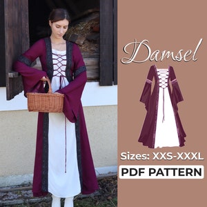 Medieval Dress Sewing Pattern, Long Bell Sleeve Maxi Dress, Damsel Fantasy Gown, A0, A4, Us-Letter Pattern + Easy Instruction, XXS - 3XL