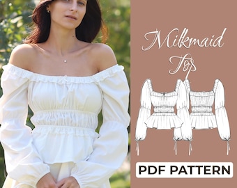 Modello di cucito per top con volant / camicetta contadina con spalle scoperte / Modello + istruzioni illustrate dettagliate / XXS - 7XL / A0, A4 e US-Letter
