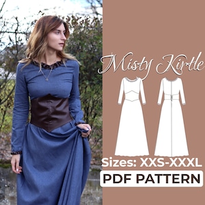 Patrón de costura de vestido vikingo + Patrón de corsé debajo del busto, Vestido medieval, LARP, A0, A4, Patrón de letra estadounidense + Instrucciones detalladas, XXS - 3XL