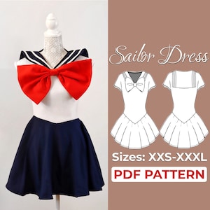 Padrão de vestido de marinheiro, padrão de costura de vestido de marinheiro de anime, A0, A4, padrão de letra dos EUA + instruções detalhadas, XXS - 3XL