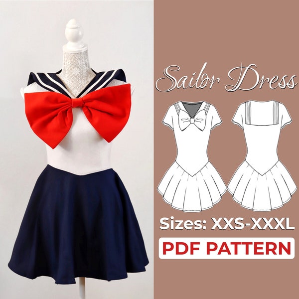 Sailor Dress Pattern, Anime Sailor Dress Sewing Pattern, A0, A4, US-Letter Pattern + Detailed Instruction, XXS - 3XL