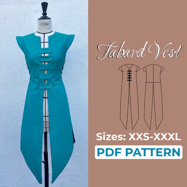 Tabard Sewing Pattern, Female Medieval Surcoat, XXS - XXL,  Sideless Tabard Pattern, A0, A4 + US-Letter Pattern + Detailed Instruction