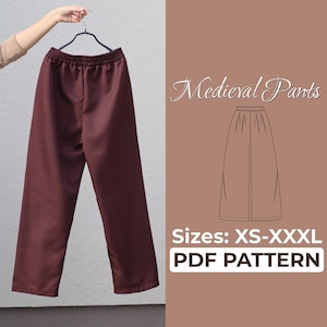 Patrón de costura para pantalones medievales, pantalones con cintura elástica, patrón fácil para principiantes, tamaño A0, A4, patrón en letra estadounidense + instrucciones detalladas, tallas XS a 3XL