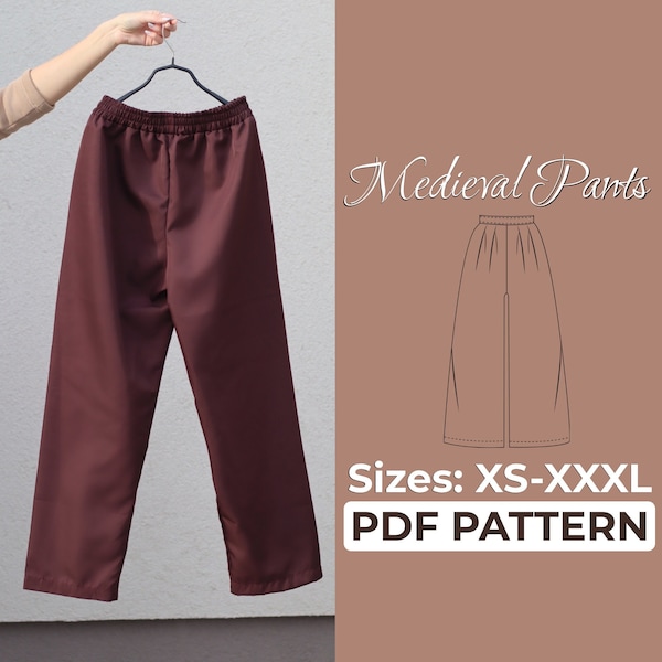 Modèle de couture de pantalon médiéval, pantalon taille élastique, motif facile pour débutant, A0, A4, motif lettre US + instructions détaillées, XS - 3XL