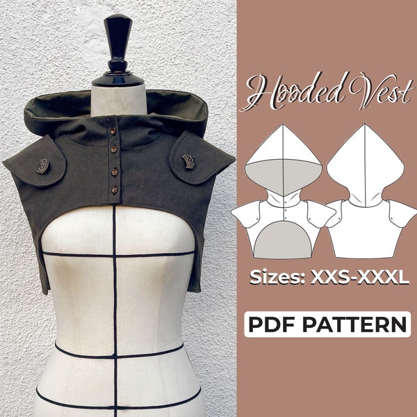 Hooded Half Vest Sewing Pattern,  LARP Rogue Pattern, Medieval Villain Costume, A0, A4, US-Letter Pattern + Detailed Instruction, XXS - 3XL