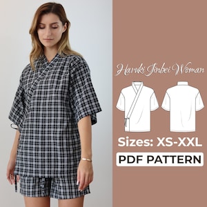 Padrão de costura de camisa Jinbei | Padrão de túnica quimono japonesa | Padrão + Instruções detalhadas de ilustração | XXS - XXL | A0, A4 e US-Letter