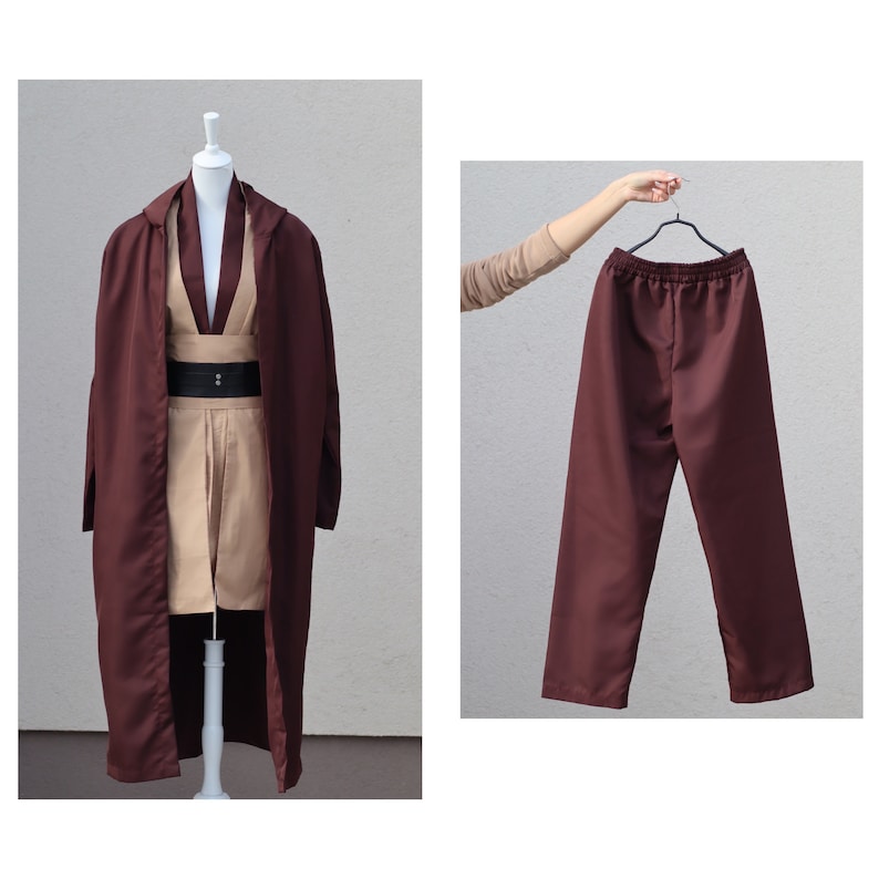 May include: A brown robe with a beige undergarment and a black belt. A pair of brown pants are also shown.