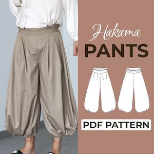 May include: Tan hakama pants with a wide, pleated design. The pants have a high waist and a voluminous, gathered leg. The image also includes a PDF pattern illustration and the text "Hakama PANTS PDF PATTERN".