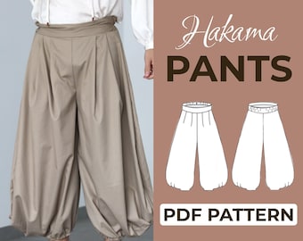 Modello di cucito per pantaloni Hakama / Pantaloni Harem Hippie / Modello facile per principianti + Tutorial illustrato facile / XXS - 7XL / A0, A4 e US-Letter