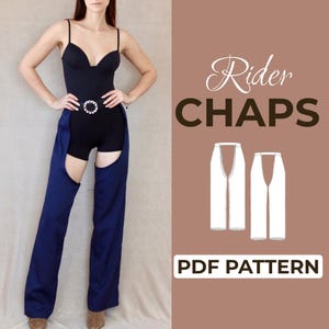May include: A woman wearing a black bodysuit with a decorative belt and blue chaps. The image includes the text "Rider CHAPS" and "PDF PATTERN" on a brown background, along with a diagram of the chaps.