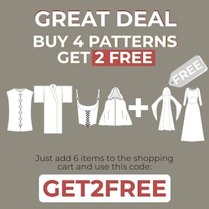 May include: A graphic showing a deal for sewing patterns. Buy 4 patterns and get 2 free. The graphic shows six different sewing patterns, including a vest, a kimono, a corset, a cape, a robe, and a dress. The text "GET2FREE" is in red.