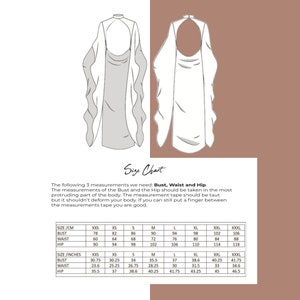 May include: Size chart for a garment with measurements in inches and centimetres. The chart includes sizes XXS to XXXL for bust, waist, and hip.