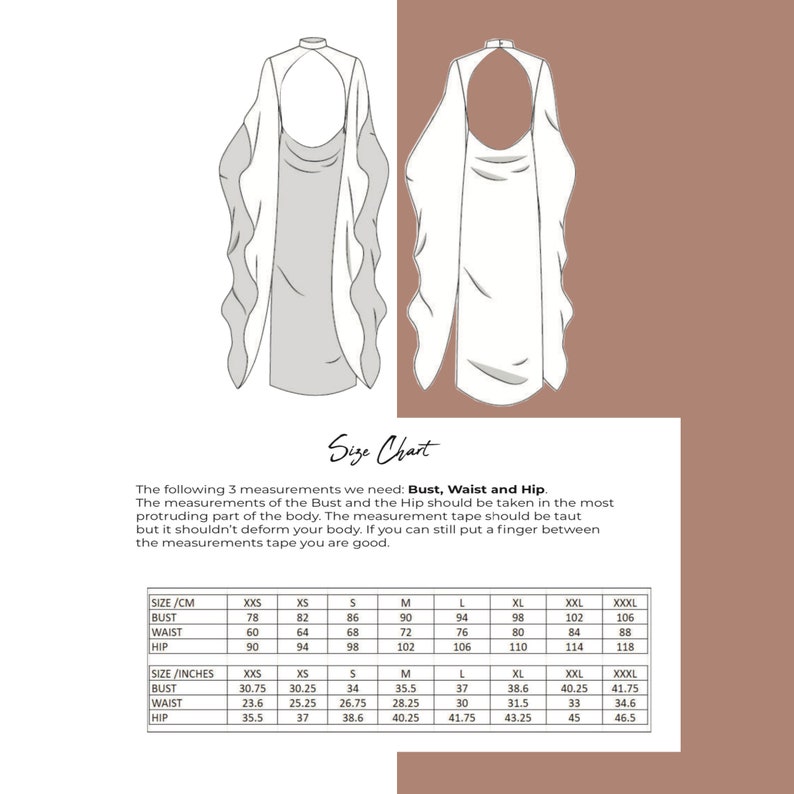 May include: Size chart for a garment with measurements in inches and centimetres. The chart includes sizes XXS to XXXL for bust, waist, and hip.