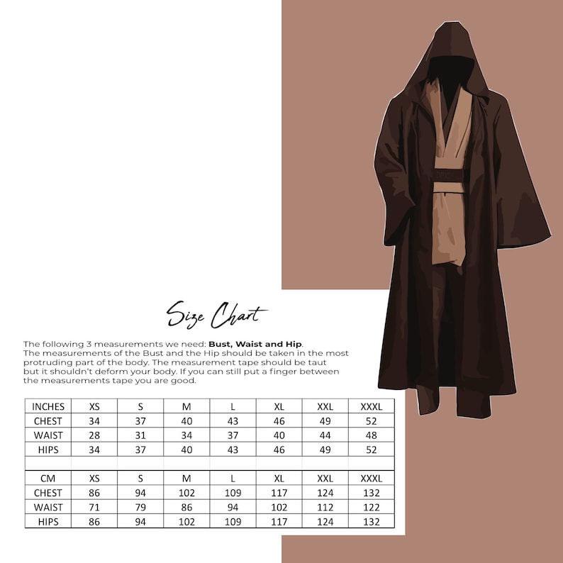 May include: Size chart for a robe with measurements in inches and centimeters. The chart includes chest, waist, and hip measurements for sizes XS, S, M, L, XL, XXL, and XXXL.