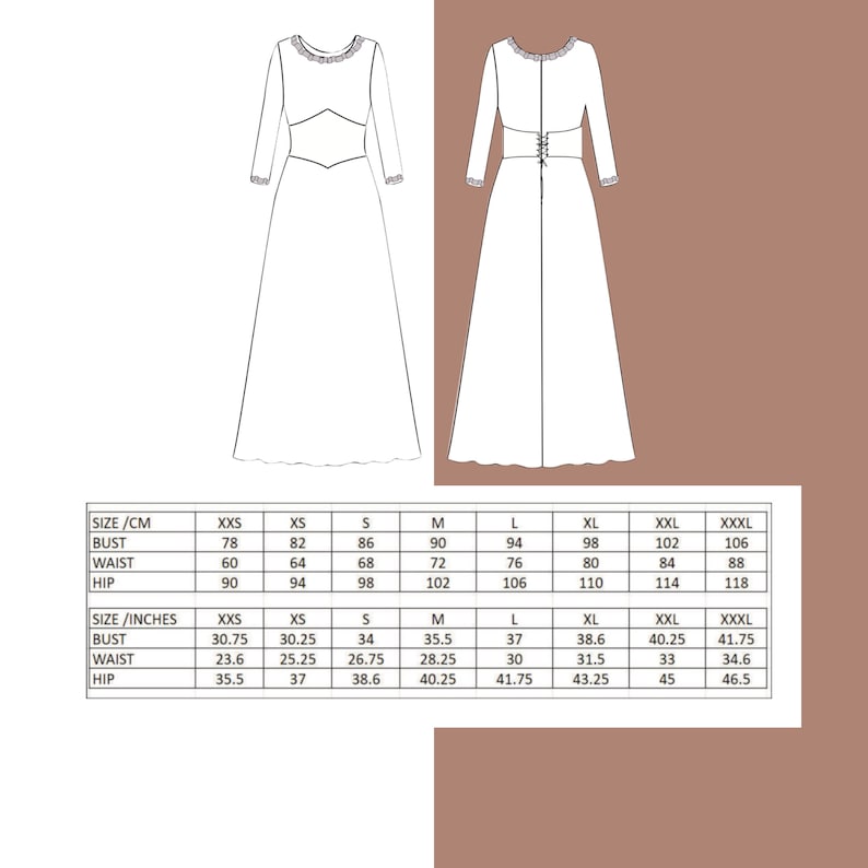 May include: Size chart for a dress with measurements in inches and centimeters. The chart shows bust, waist, and hip measurements for sizes XXS to XXXL.
