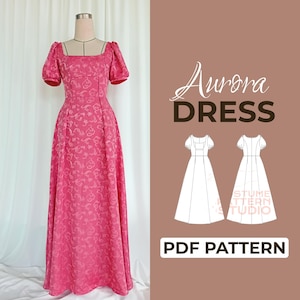 Puede incluir: Un vestido rosa con escote cuadrado y mangas cortas abullonadas se exhibe en un maniquí. El vestido tiene un estampado floral y una falda larga. También se ve el texto "Aurora DRESS" y "PDF PATTERN".
