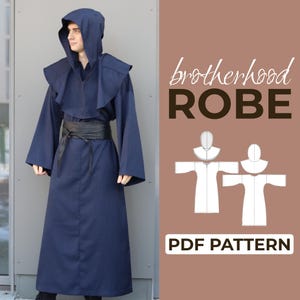 May include: A navy blue hooded robe with wide sleeves and a black belt. The robe has a long, flowing design. The image also includes the text "brotherhood ROBE" and "PDF PATTERN".