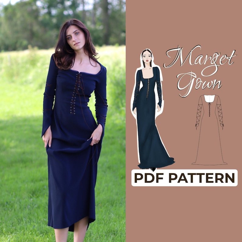 May include: A blue maxi dress with a lace-up bodice and long sleeves. The dress is shown on a model in a field and a line drawing of the dress is shown on the right side of the image. The text "Marzet Gown PDF Pattern" is also shown on the right side of the image.
