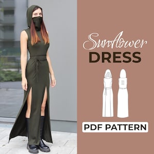 Puede incluir: Vestido con capucha verde oliva con aberturas laterales altas y cinturón a juego. El vestido presenta un diseño sin mangas y una cubierta facial incorporada. El texto de la imagen dice "Sunflower DRESS PDF PATTERN".