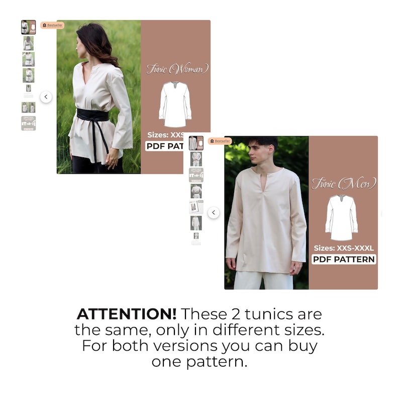 May include: Two images of a tunic pattern, one for women and one for men. The tunics are beige and have a V-neck. The text on the images reads "Tunic Woman" and "Tunic Men". The text also includes the sizes and "PDF Pattern".