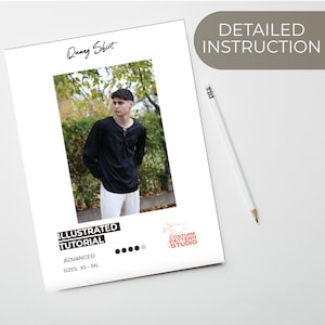 May include: A sewing pattern for a black long-sleeved shirt with a gathered neckline. The pattern is titled "Quang Shirt" and is described as an "Illustrated Tutorial" for an advanced sewing project. The pattern is available in sizes XS-3XL.