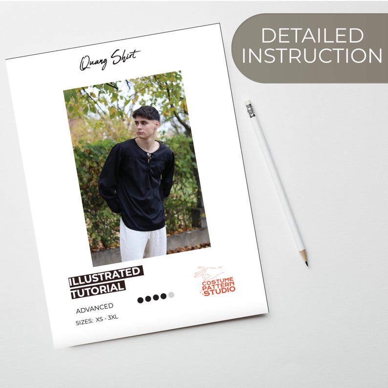 May include: A sewing pattern for a black long-sleeved shirt with a gathered neckline. The pattern is titled "Quang Shirt" and is described as an "Illustrated Tutorial" for an advanced sewing project. The pattern is available in sizes XS-3XL.