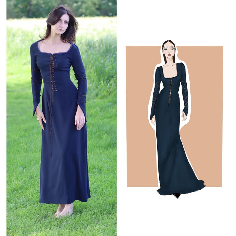 May include: A dark blue maxi dress with long sleeves and a lace-up bodice. The dress has a fitted bodice and a flowing skirt.