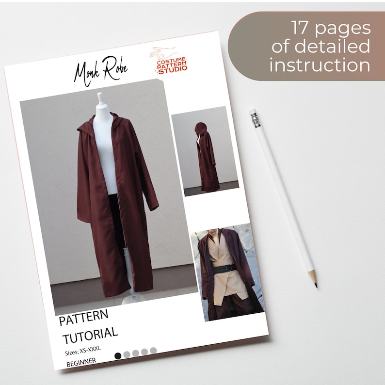 May include: A digital download pattern for a monk robe with a hood. The pattern includes 17 pages of detailed instructions and is for sizes XS-XXXL. The pattern is for beginners.