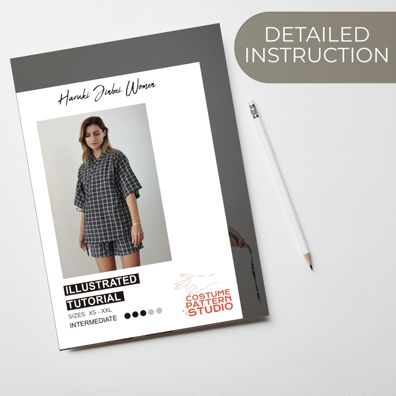 May include: A digital download of a sewing pattern for a Haruki Jirbei women's top and shorts. The pattern includes an illustrated tutorial and is available in sizes XS to XXL. The pattern is labeled as intermediate difficulty.