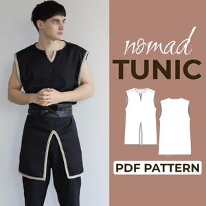 May include: A black tunic with beige edging, worn with black trousers and a wide black belt. The tunic features a V-neck and a split front. The image also shows a pattern diagram and the text "nomad TUNIC" and "PDF PATTERN".