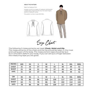 May include: An illustration of a medieval shirt pattern, including a size chart with chest, waist, and hip measurements in inches and centimeters. The shirt is a loose cut and comes in sizes XXS-XXXL.