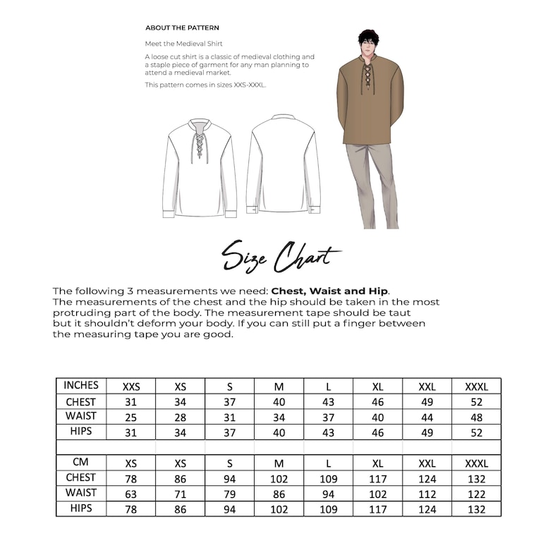 May include: An illustration of a medieval shirt pattern, including a size chart with chest, waist, and hip measurements in inches and centimeters. The shirt is a loose cut and comes in sizes XXS-XXXL.