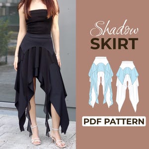 May include: A black skirt with asymmetrical, flowing panels. The skirt is paired with a black strapless top. The image also includes a diagram of the skirt and the text "Shadow SKIRT" and "PDF PATTERN".
