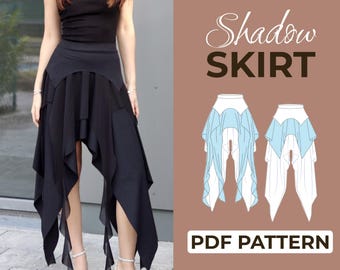Modello di cucito per gonna alta e bassa / Gonna con volant, costume da fata / Modello + istruzioni illustrate dettagliate / XXS - 7XL / A0, A4 e US-Letter