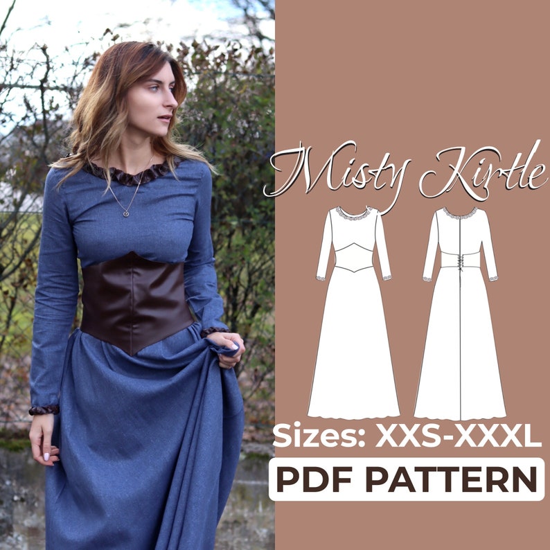 May include: A digital sewing pattern for a long, flowing dress called the Misty Kirtle. The pattern includes two illustrations of the dress, one from the front and one from the back. The pattern is available in sizes XXS-XXXL and is a PDF download.